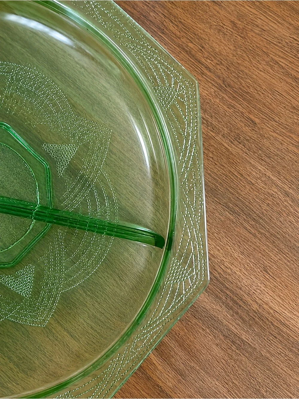 Vintage Green Glass Divided Serving Dish 11” Celtic Knot Style